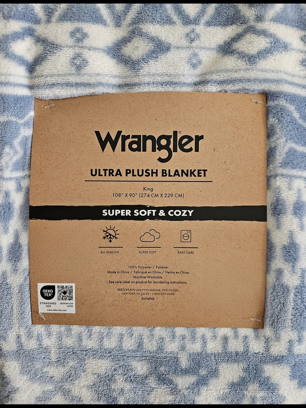 Wrangler King Size Ultra Plush Blanket – Blue & White Western Aztec | NWT